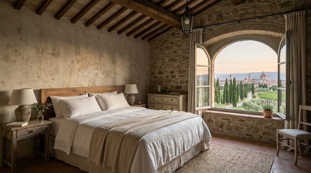 Interior photograph of a rustic-modern Tuscan bedroom with s