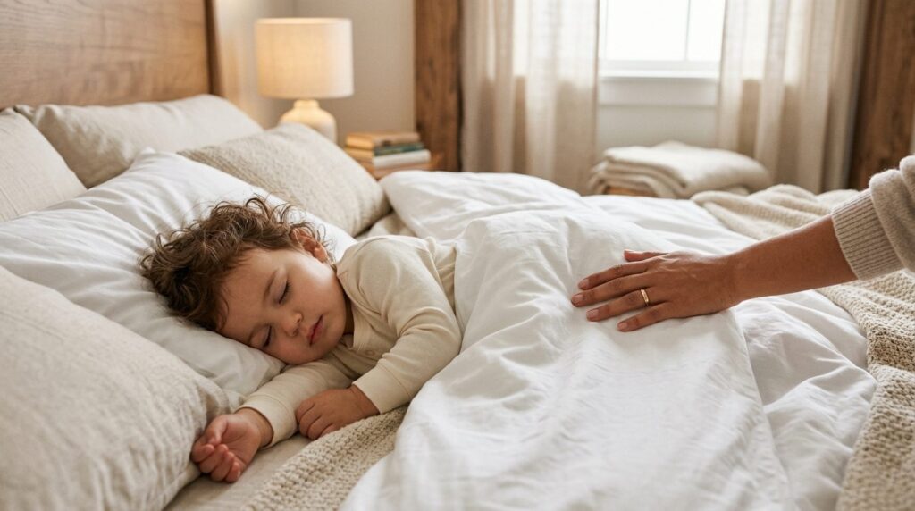 Warm family bedroom scene with a toddler peacefully sleeping