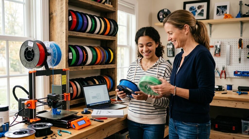 Voksen og teenager ser på en filament-rulle til 3D-printer.
