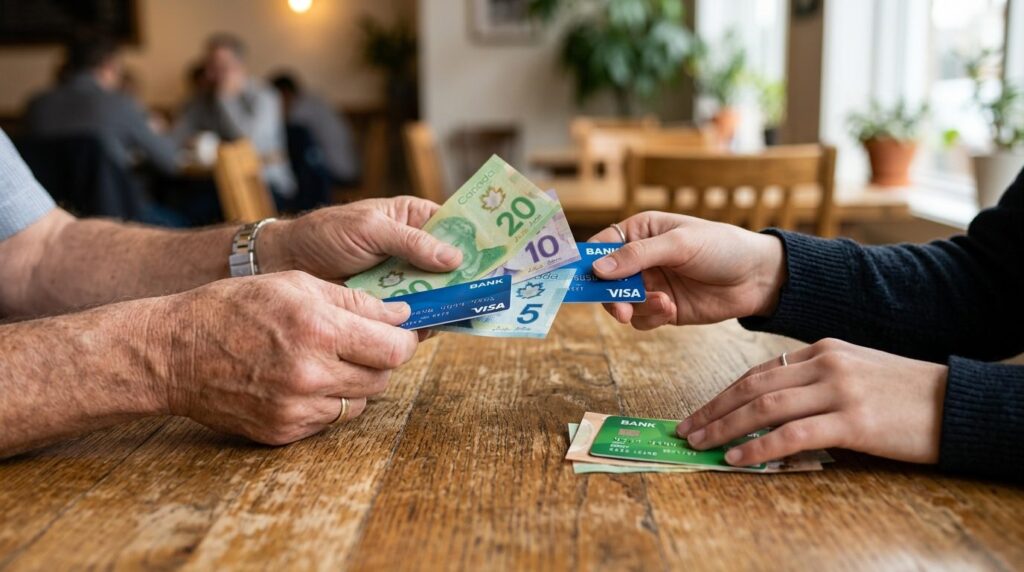 Hænder holder og udfylder en papirformular på et bord.