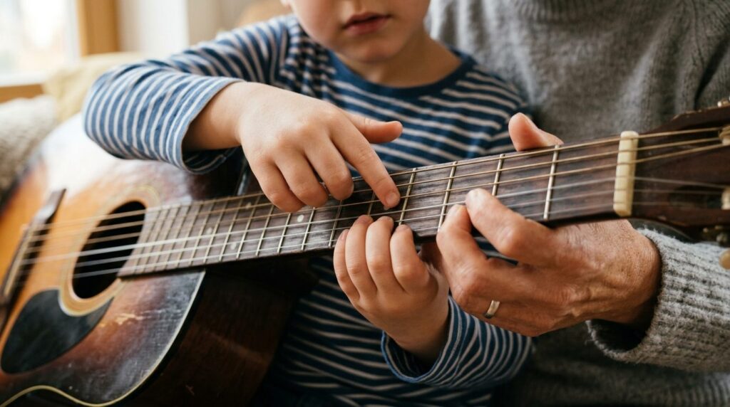 Close-up of small child hands on guitar strings, aged 6-8 ye