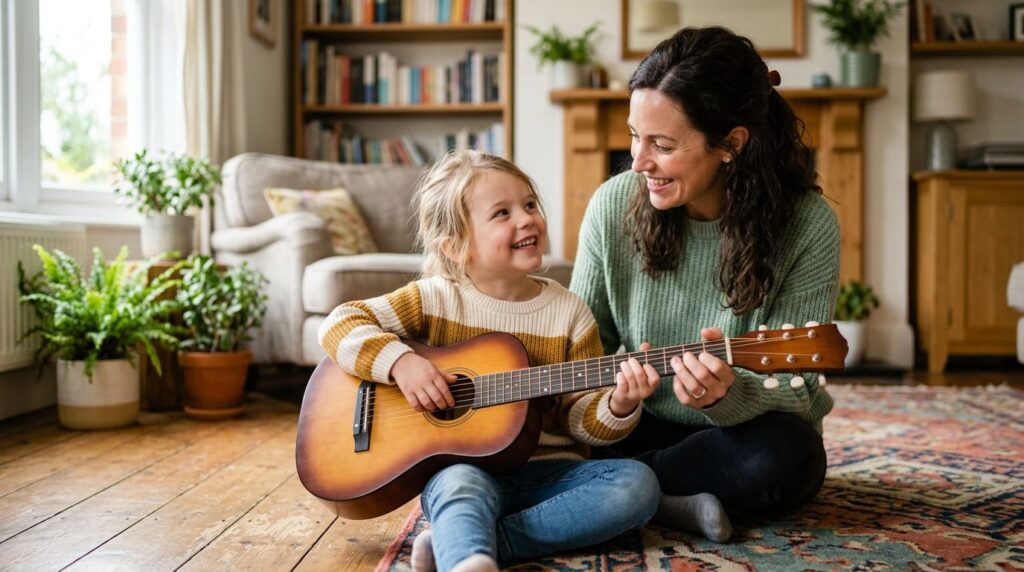 Happy family scene: parent and young child (4-6 years old) s