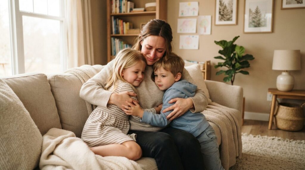 Realistic photograph of a mother embracing her two children 
