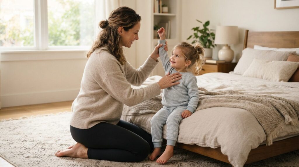 Professional photograph of a mother gently stretching her ch