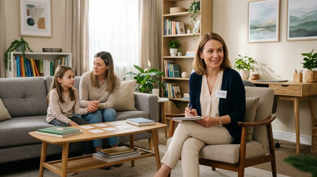 Terapeut lytter opmærksomt til en forælder under en familiesamtale.