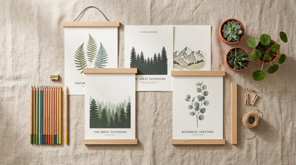 Overhead flat-lay view of nature poster collection with magn