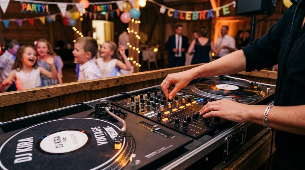 Close-up of a professional DJs hands on turntables and mixe
