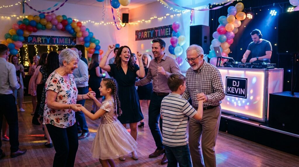 Multi-generational family having fun dancing together at an 