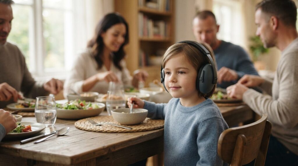 Close-up professional stock photo of a child wearing noise-c