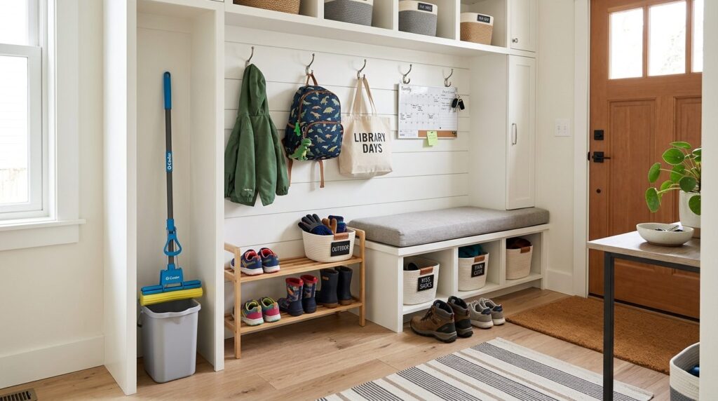 Stue med åbne hylder fyldt med børnelegetøj, kurve og baskets organiseret på ordnet måde.