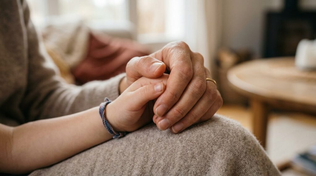 Close-up of a childs hand holding a parents hand in a supp